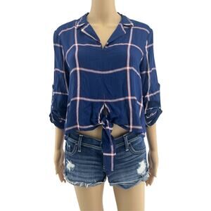 BCBGeneration MEDIUM Navy Blue Long Roll Tab Sleeve Plaid Knot Tie Crop Top